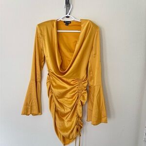 PrettyLittleThing Mustard Long Sleeve Ruched Dress